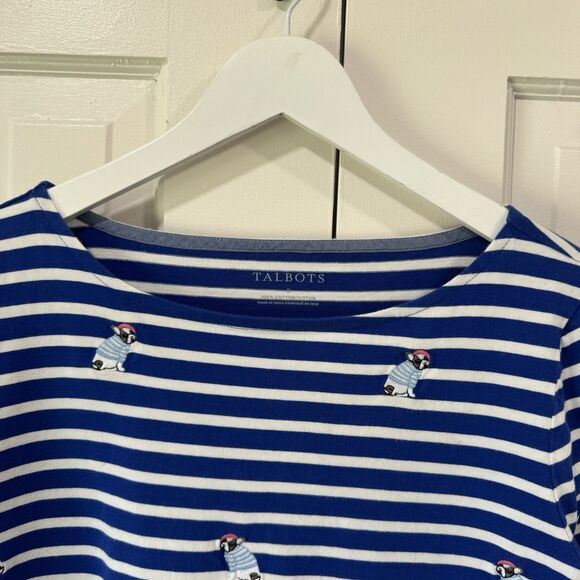 Talbots Stripe Blue Top Nautical Embroidered Frenchie 100% Cotton Preppy Small - Picture 4 of 11